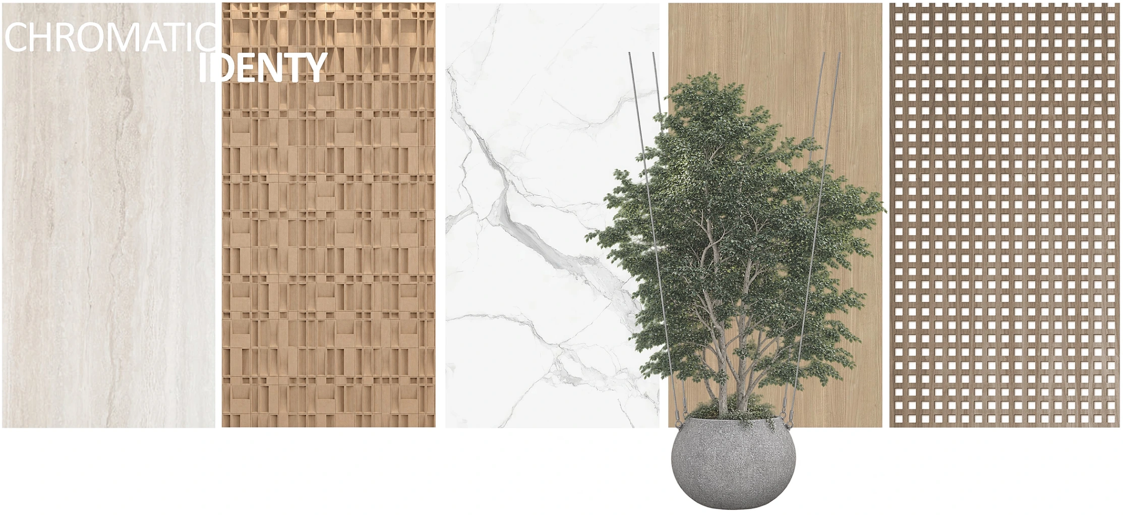 Chromatic identity: pale stone, carved texture, marble, warm wood, lattice and greenery