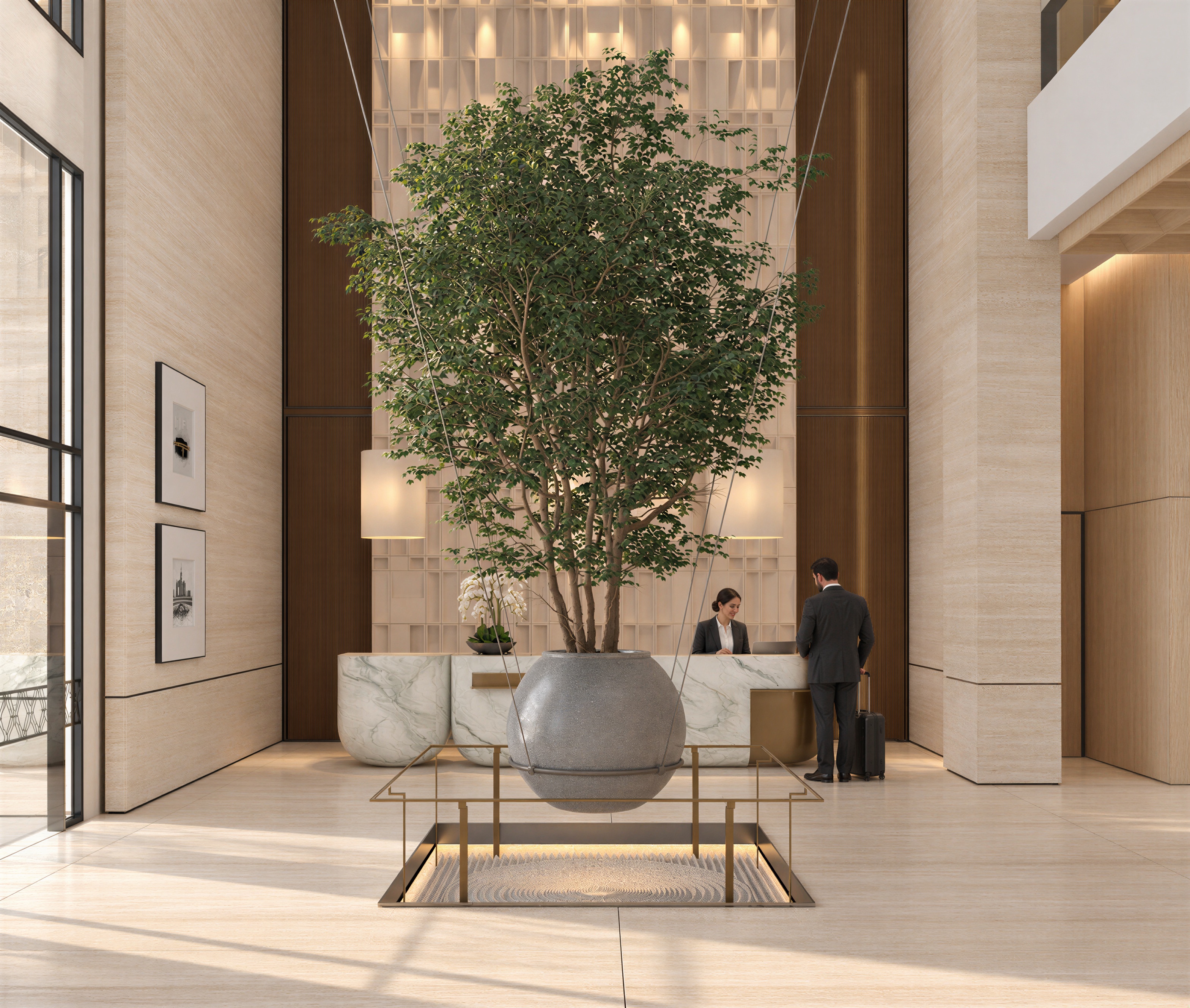 The arrival at Rajhi Haramain 3, with its suspended tree and sculptural stone reception